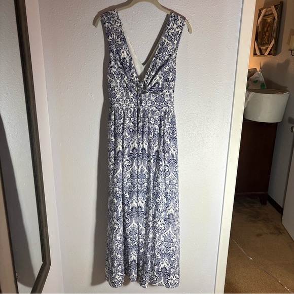 Hyacinth House Maxi Tuckernuck Navy Scroll Print Toula Linen Keyhole Dress XS - Picture 4 of 15